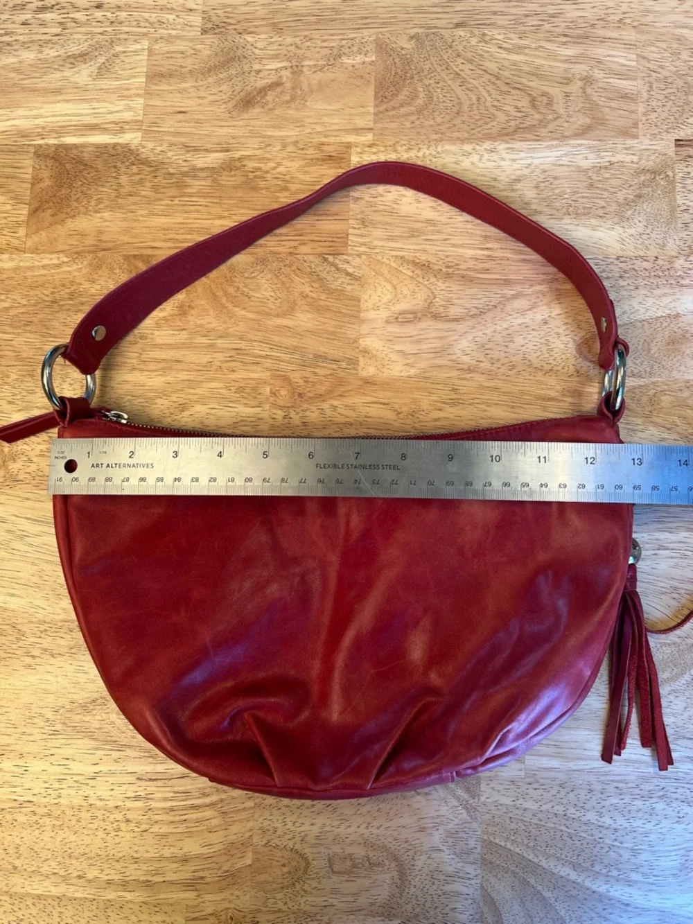 Vintage HOBO Red Leather Shoulder Bag with Side Zipper and Tassel - Picture 9 of 16